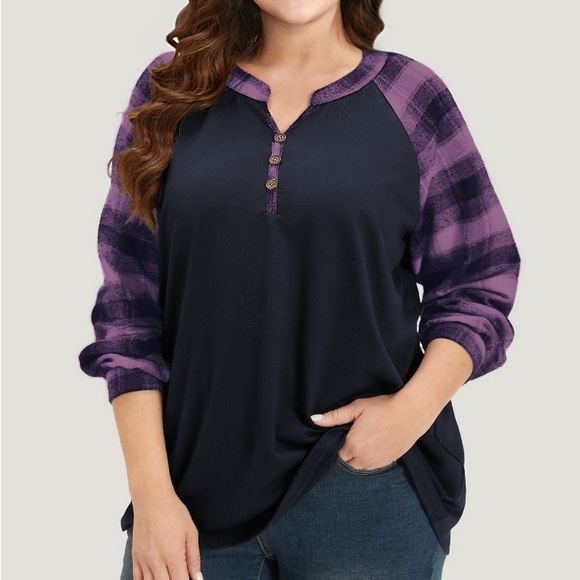 BloomChic Tops - BloomChic Navy and Purple Plaid Long Sleeve Henley Top Plus Size 1X